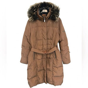 Marcona fully down long parka with  real feather trim size L belted. Great cond